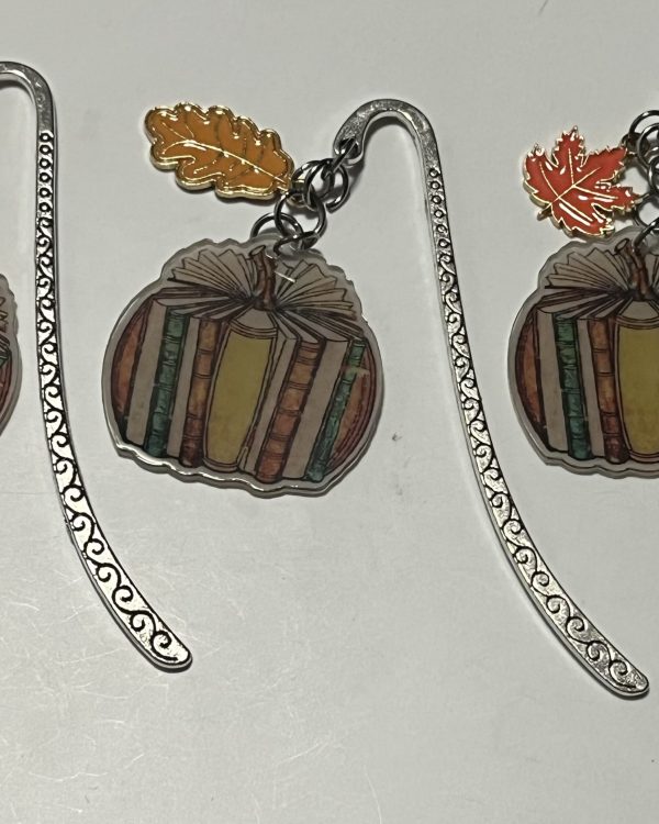 Cozy Autumn Pumpkin & Books Metal Hook Bookmark